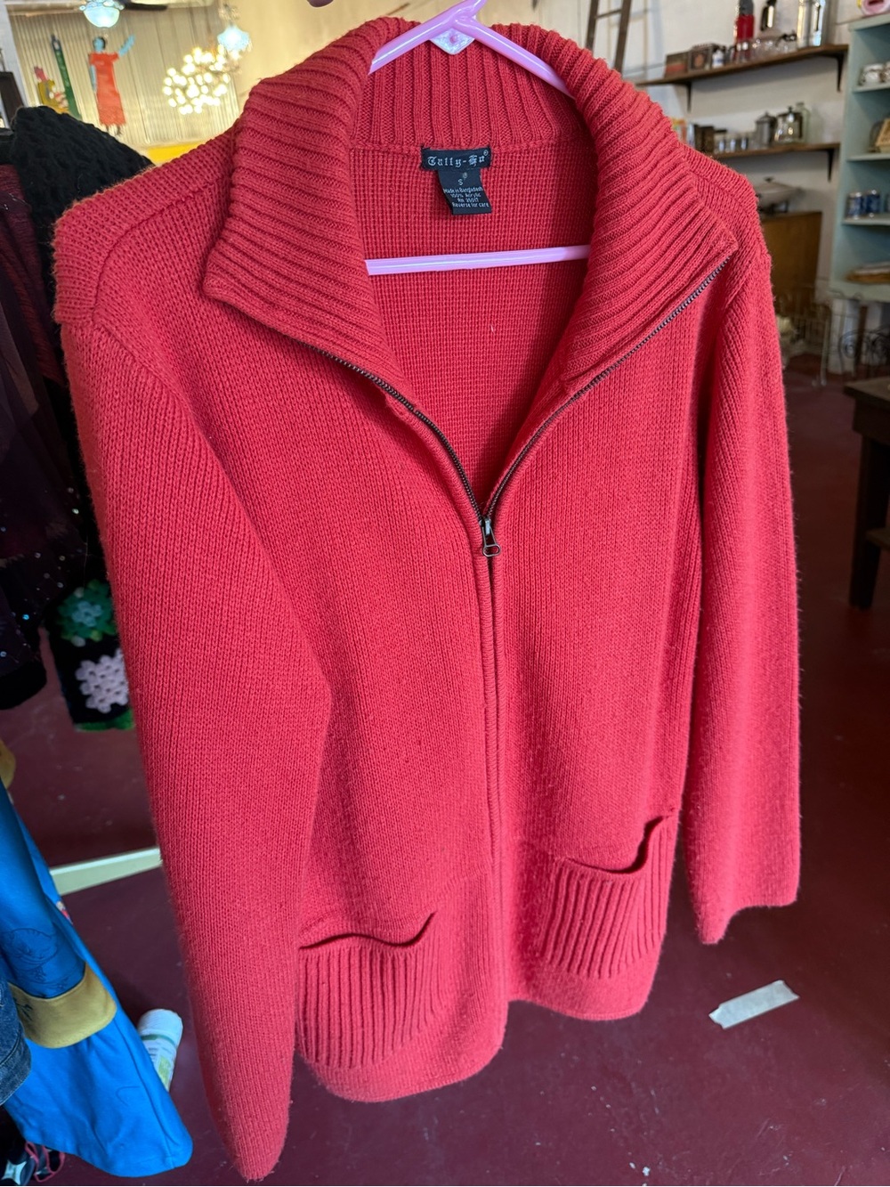 Tally Ho Red Zip-Front Knit Cardigan with Shawl Collar